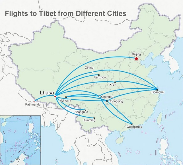  Bản đồ minh họa các đường bay nối chuyến và tuyến tàu lên Lhasa