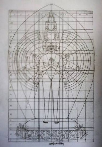 Bản phác thảo thangka theo lưới tỉ lệ chuẩn trên nền vải