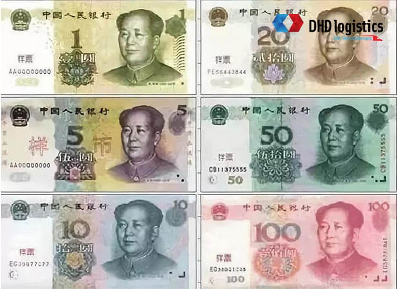 Các tờ tiền Nhân dân tệ mệnh giá nhỏ 1, 5, 10, 20 và 50 tệ