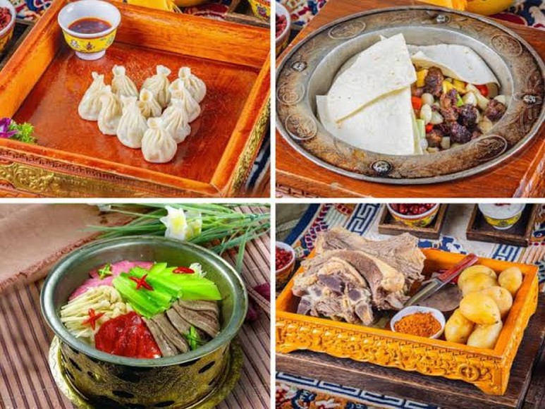 Mâm ẩm thực Tây Tạng với trà bơ, momo và thịt bò yak