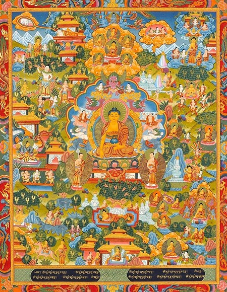 Một bức thangka Tây Tạng vẽ chư Phật với nhiều chi tiết và vàng