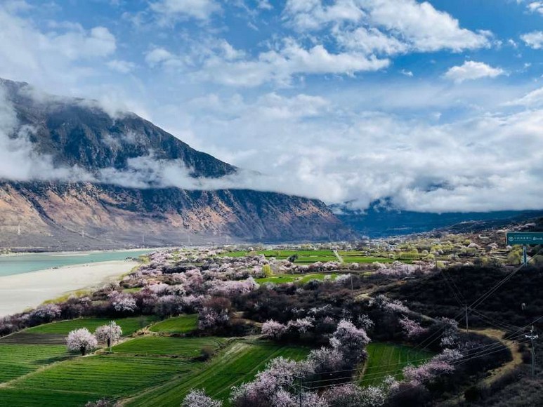 Toàn cảnh thung lũng Yarlung xanh mướt với sông và ruộng đồng quanh Tsetang